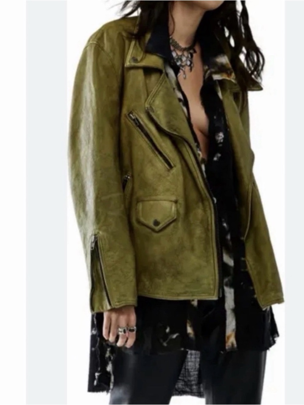 Free People M Green 100% Leather jealousy jacket
